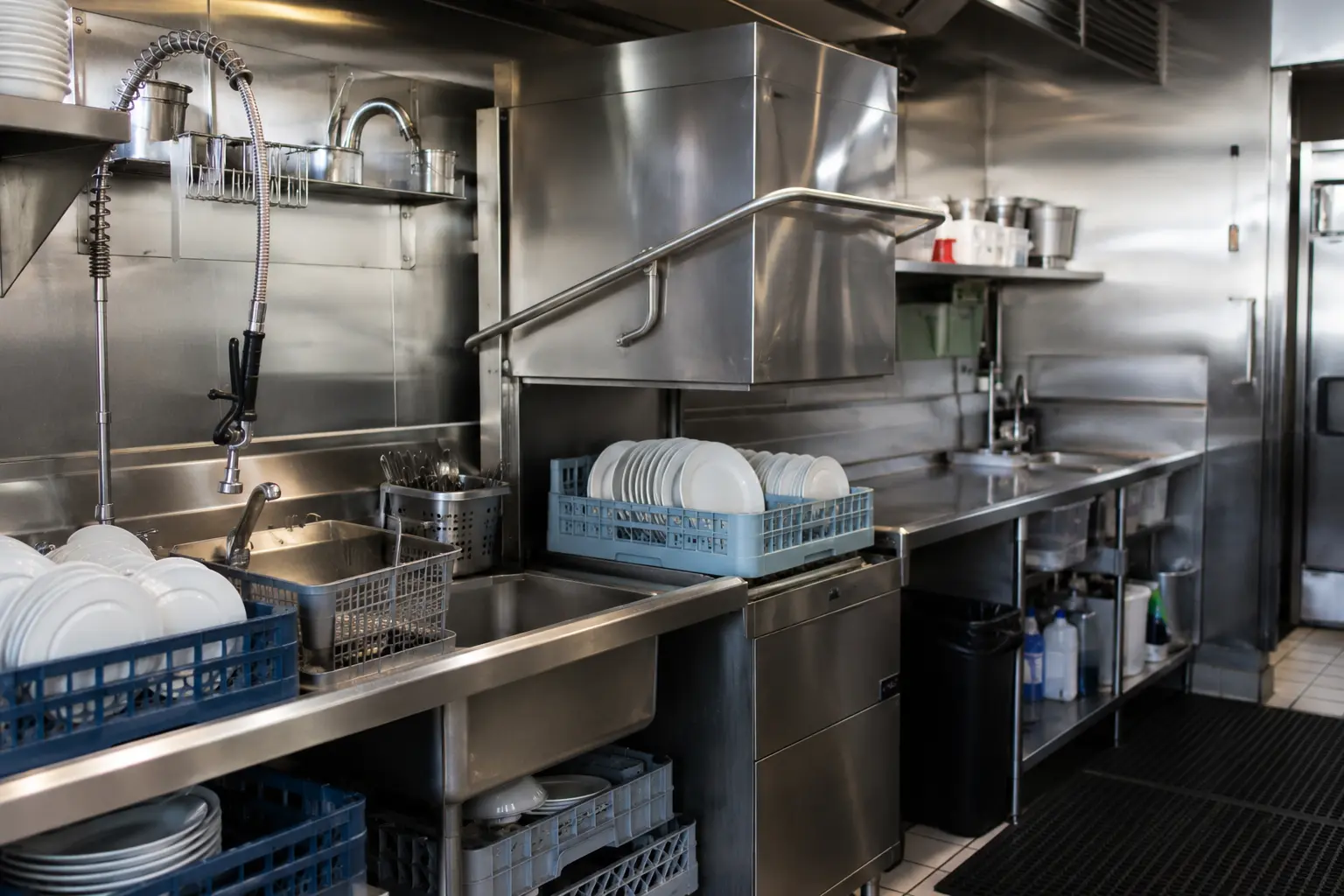 Commercial door-type dishwasher and stainless prep line in a working restaurant kitchen